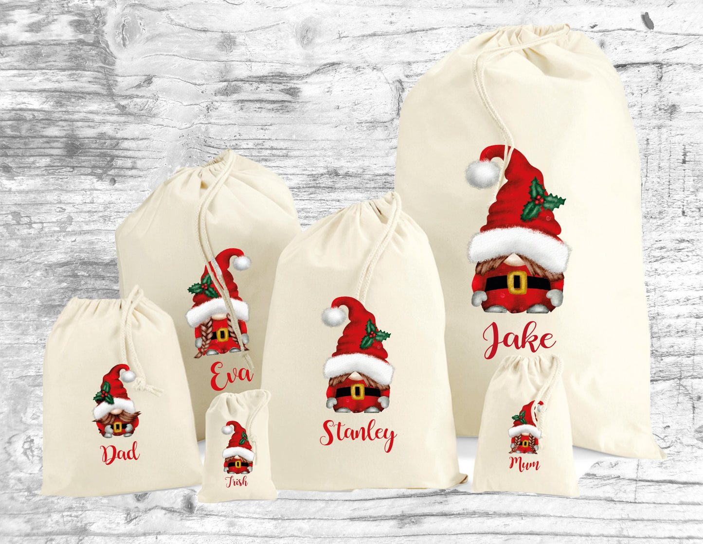 Gnome Santa sacks showing multiple gnome design options