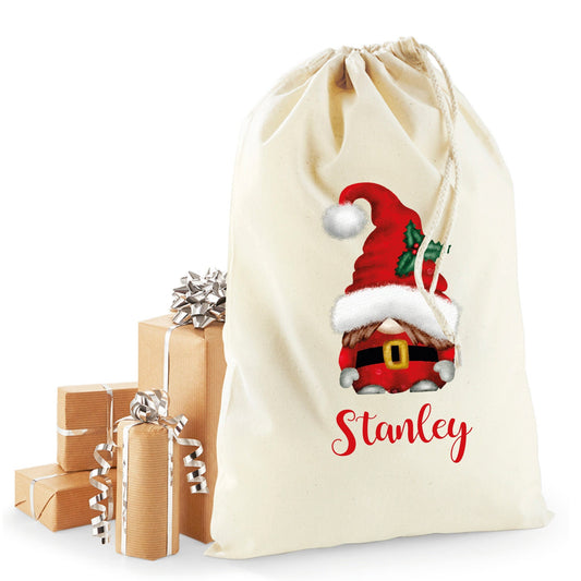 Personalised gnome Christmas sack in recycled cotton with custom name