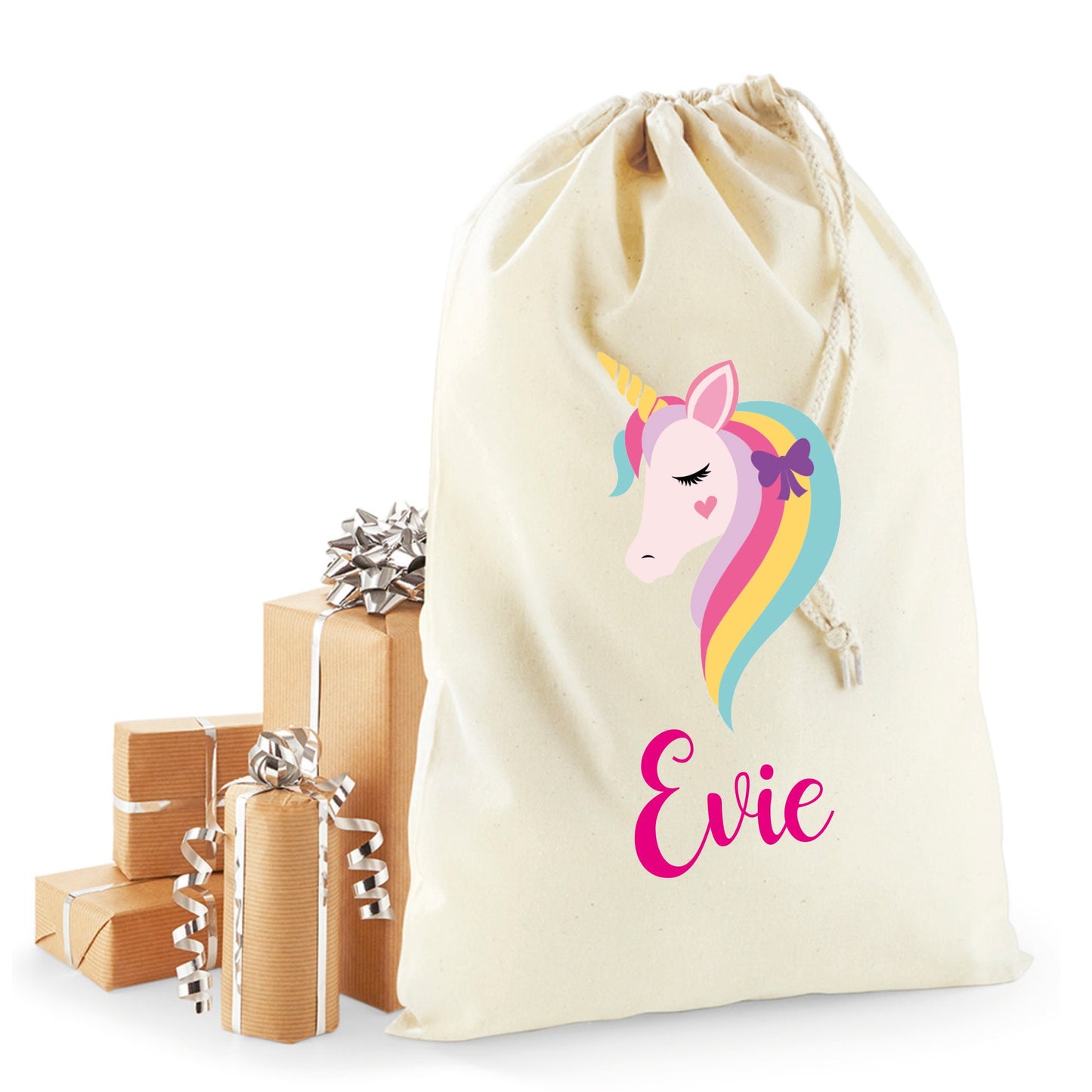 Personalised unicorn Christmas sack in recycled cotton with custom name
