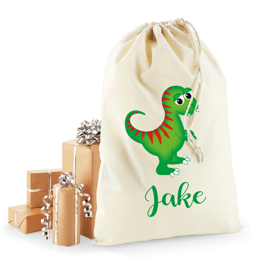 Personalised dinosaur Christmas sack in recycled cotton with custom name
