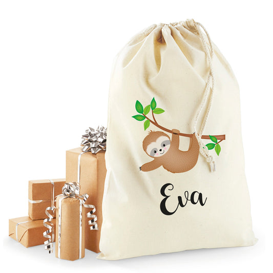 Personalised sloth Christmas sack in recycled cotton with custom name