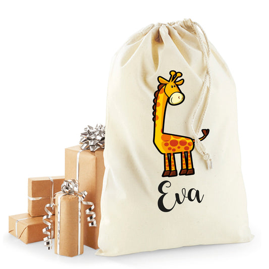 Personalised giraffe Christmas sack in recycled cotton with custom name
