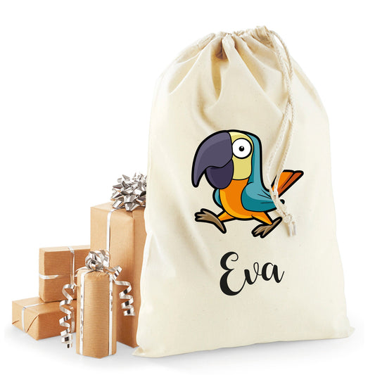 Personalised parrot Christmas sack in recycled cotton with custom name