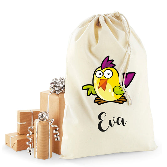 Personalised chick design Christmas sack in recycled cotton with custom name