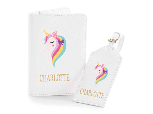 Personalised unicorn passport holder and luggage tag set in white Saffiano faux leather