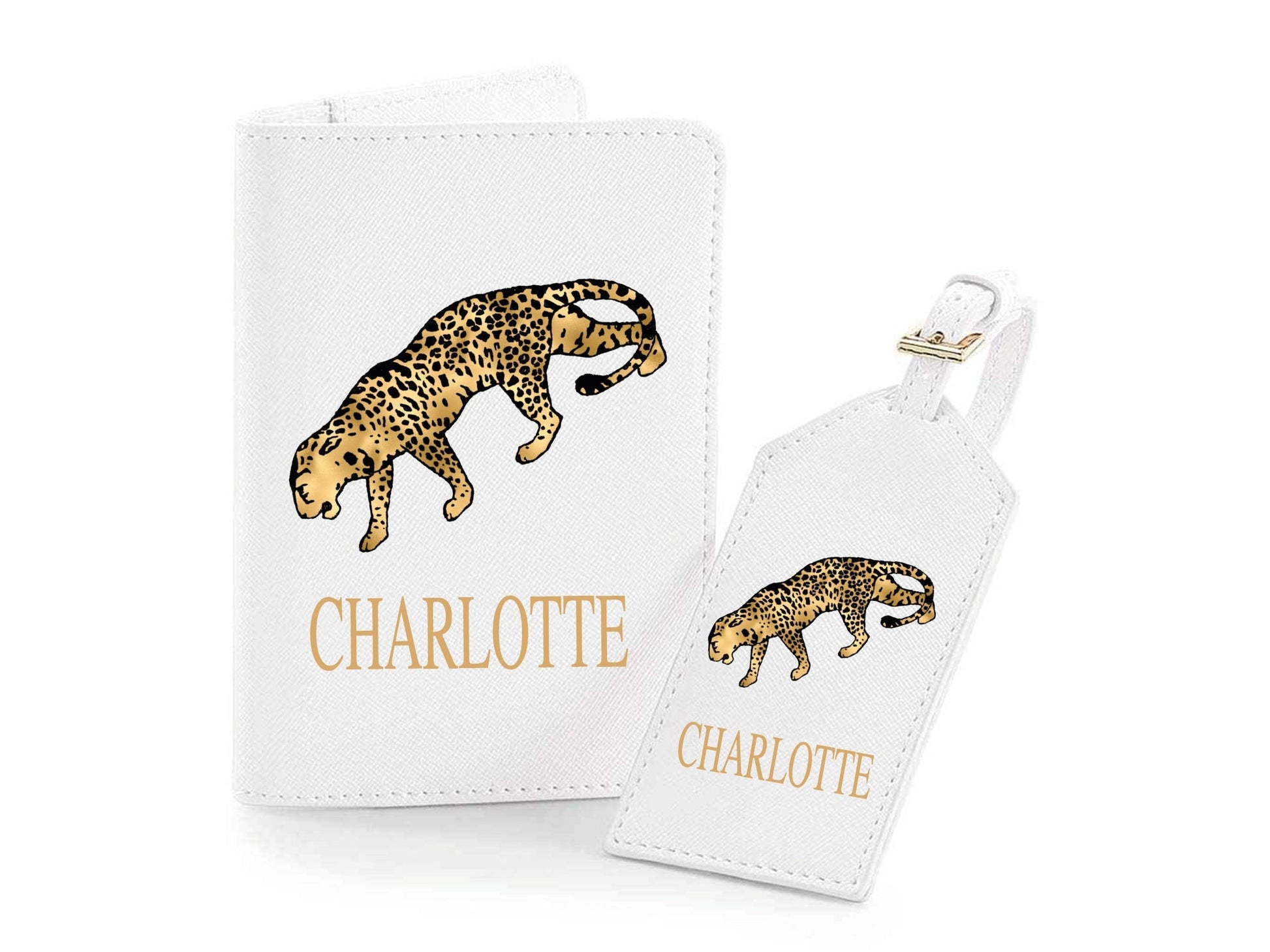 Personalised leopard print passport holder and luggage tag set in Saffiano faux leather