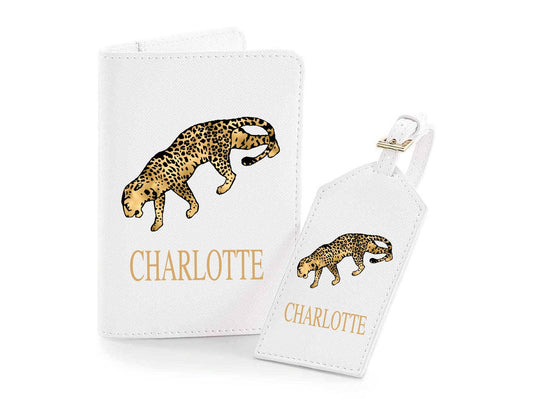 Personalised leopard print passport holder and luggage tag set in Saffiano faux leather