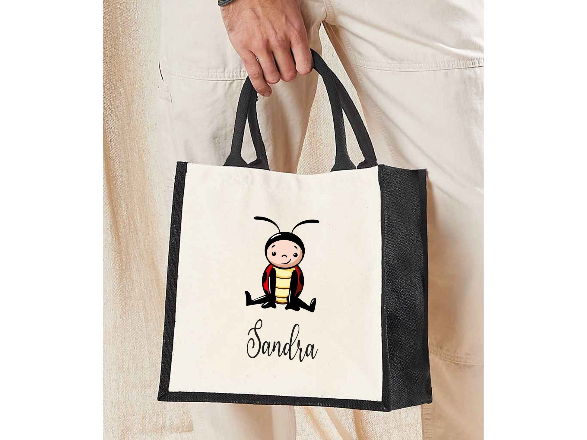 Personalised ladybird jute lunch bag with custom name and bug design