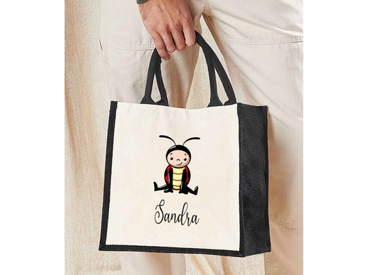 Personalised ladybird jute lunch bag with custom name and bug design