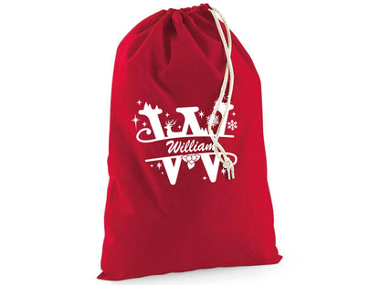 Personalised Santa sack with Christmas-themed initial letter and child's name, perfect for festive gift presentation