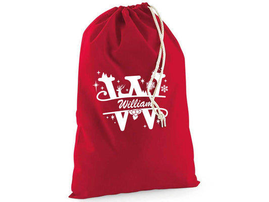 Personalised Santa sack with Christmas-themed initial letter and child's name, perfect for festive gift presentation