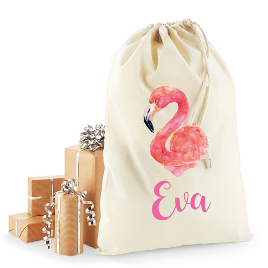Personalised flamingo Christmas sack in recycled cotton with festive flamingo design and child's name