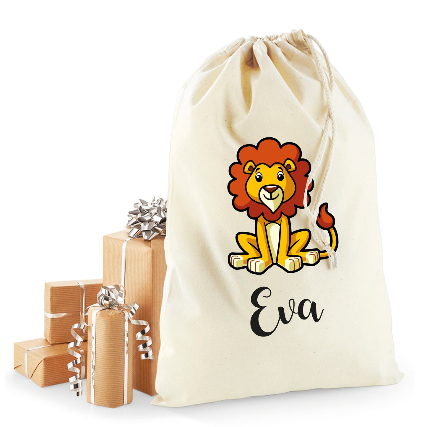 Personalised lion Santa sack in recycled cotton with child's name, festive Christmas gift presentation