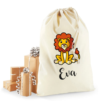 Personalised lion Santa sack in recycled cotton with child's name, festive Christmas gift presentation