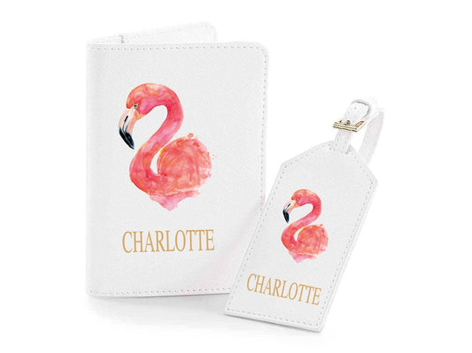 Personalised flamingo passport holder and luggage tag set in white Saffiano faux leather