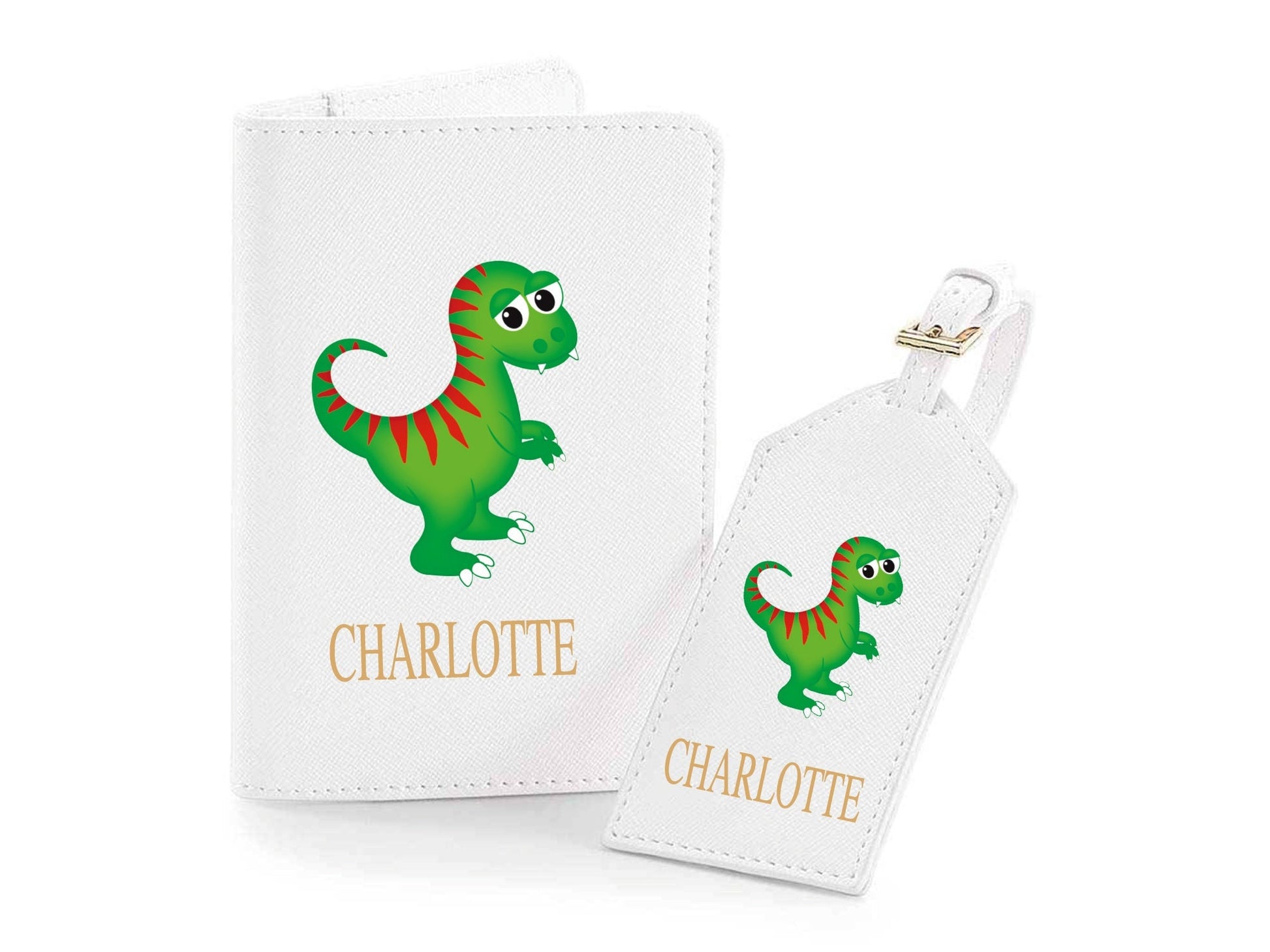 Personalised dinosaur passport holder and luggage tag set in Saffiano faux leather