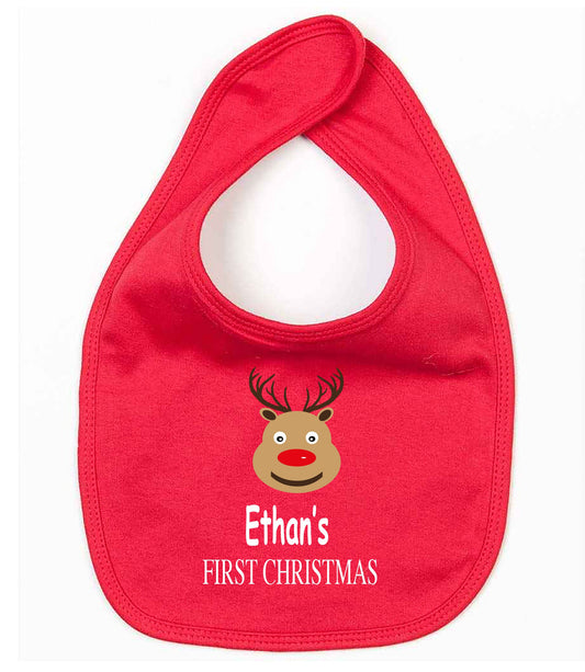 Personalised red first Christmas bib with white text, festive baby keepsake