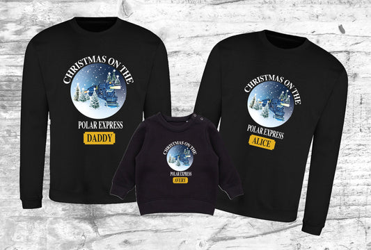 Personalised Polar Express matching family Christmas jumper in black with train design and custom name