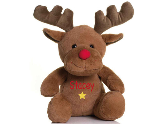 Personalised reindeer teddy with custom name and glitter star, 30cm EN71 safety compliant Christmas gift