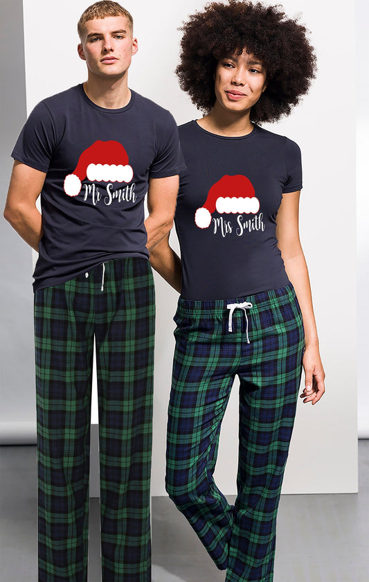 Personalised Mr and Mrs Santa hat Christmas pyjama t-shirts with custom names displayed together