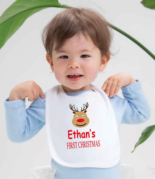 Personalised white first Christmas bib with red text in 100% organic cotton for babies