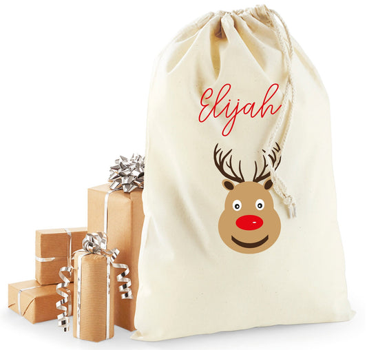 Personalised reindeer Christmas sack in recycled cotton with hand-drawn reindeer and custom name