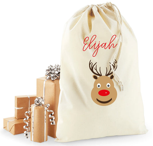 Personalised reindeer Santa sack in recycled cotton with hand-drawn reindeer and custom name