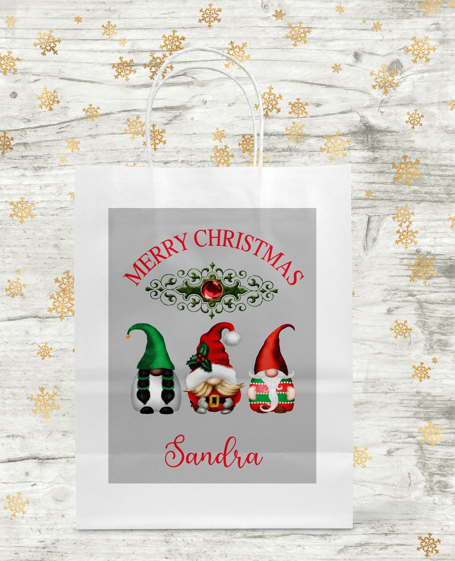 Personalised gnome Christmas gift bag with custom name sticker and twisted handles