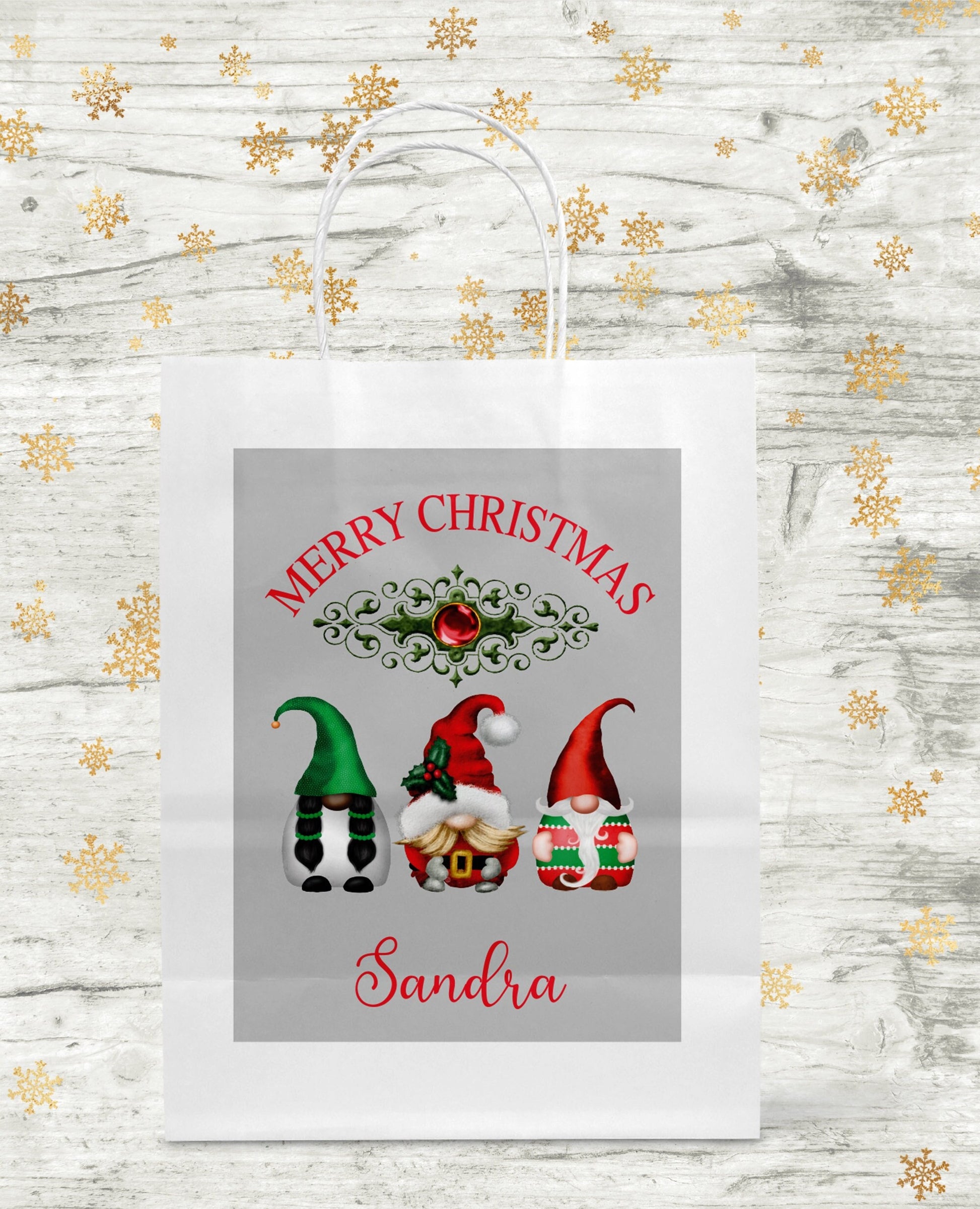 Personalised gnome Christmas gift bag with custom name sticker and twisted handles