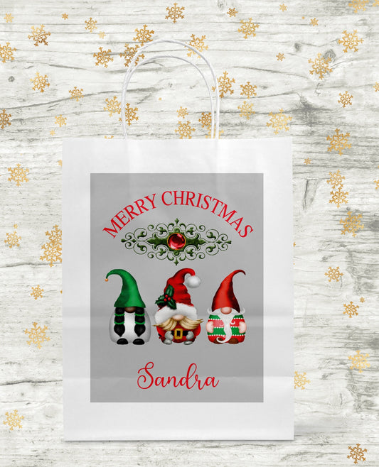 Personalised gnome Christmas gift bag with custom name sticker and twisted handles