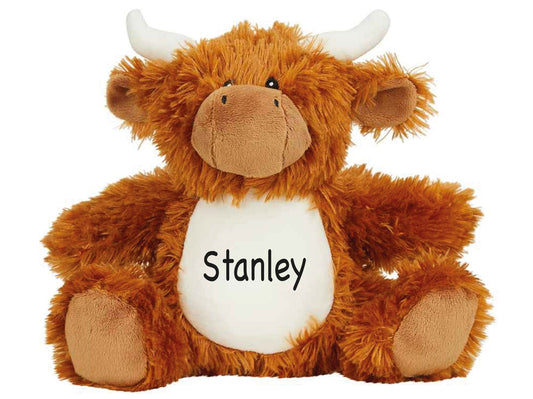 Personalised brown highland cow soft toy plush with custom name, EN71 safety compliant cuddly gift