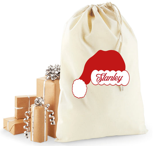 Personalised Santa hat design Christmas sack in recycled cotton with custom name