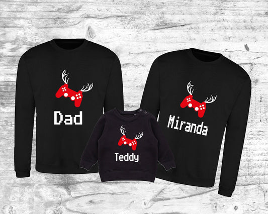 Personalised gamer Christmas jumper in black with gaming reindeer and controller design