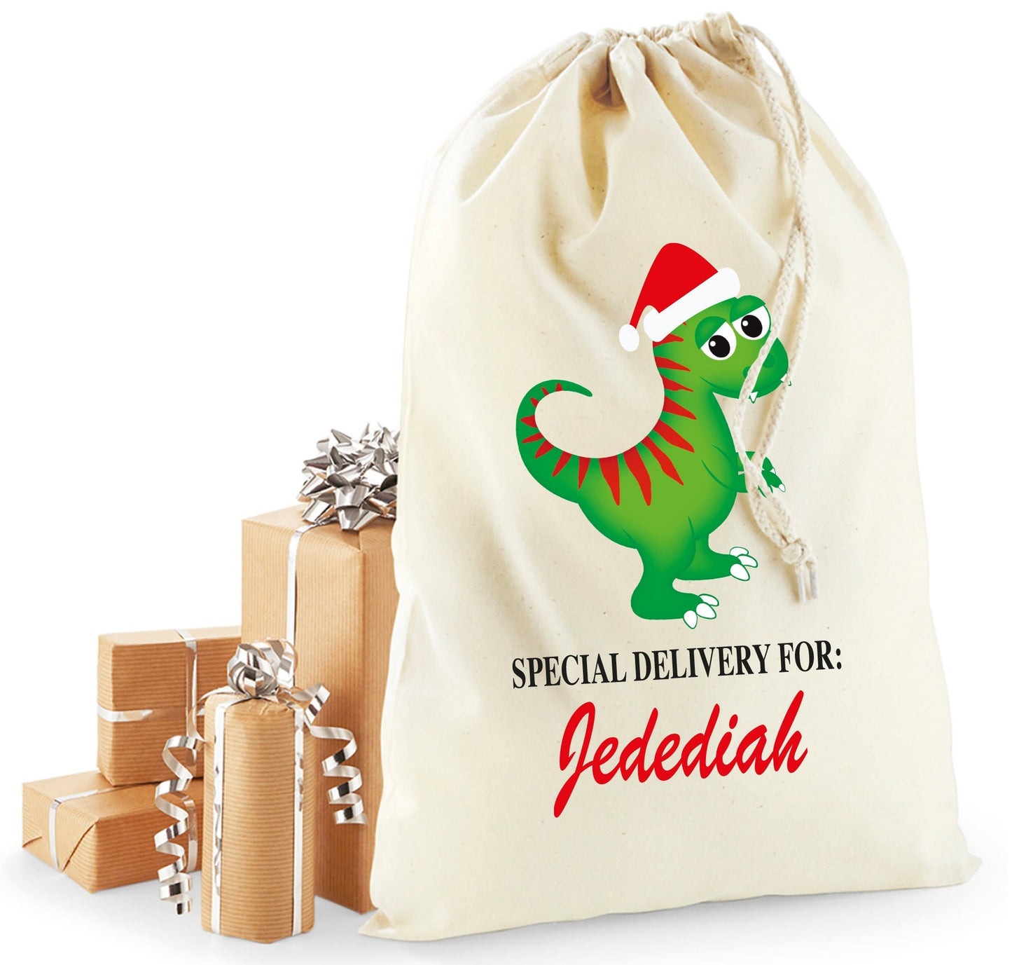 Personalised dinosaur Christmas sack in recycled cotton with festive dinosaur design and child's name