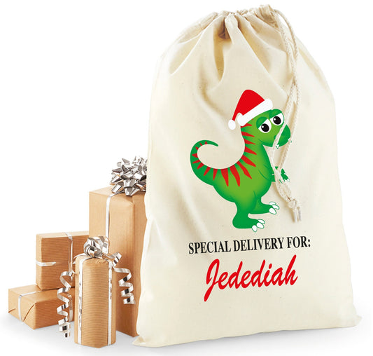Personalised dinosaur Christmas sack in recycled cotton with festive dinosaur design and child's name