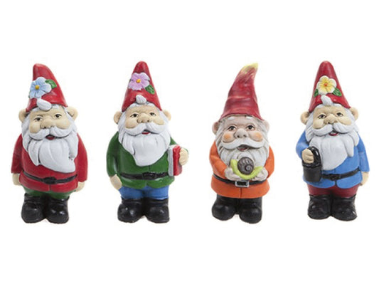 Mini garden gnome ornaments in red, green, orange and blue, 11.5cm tall