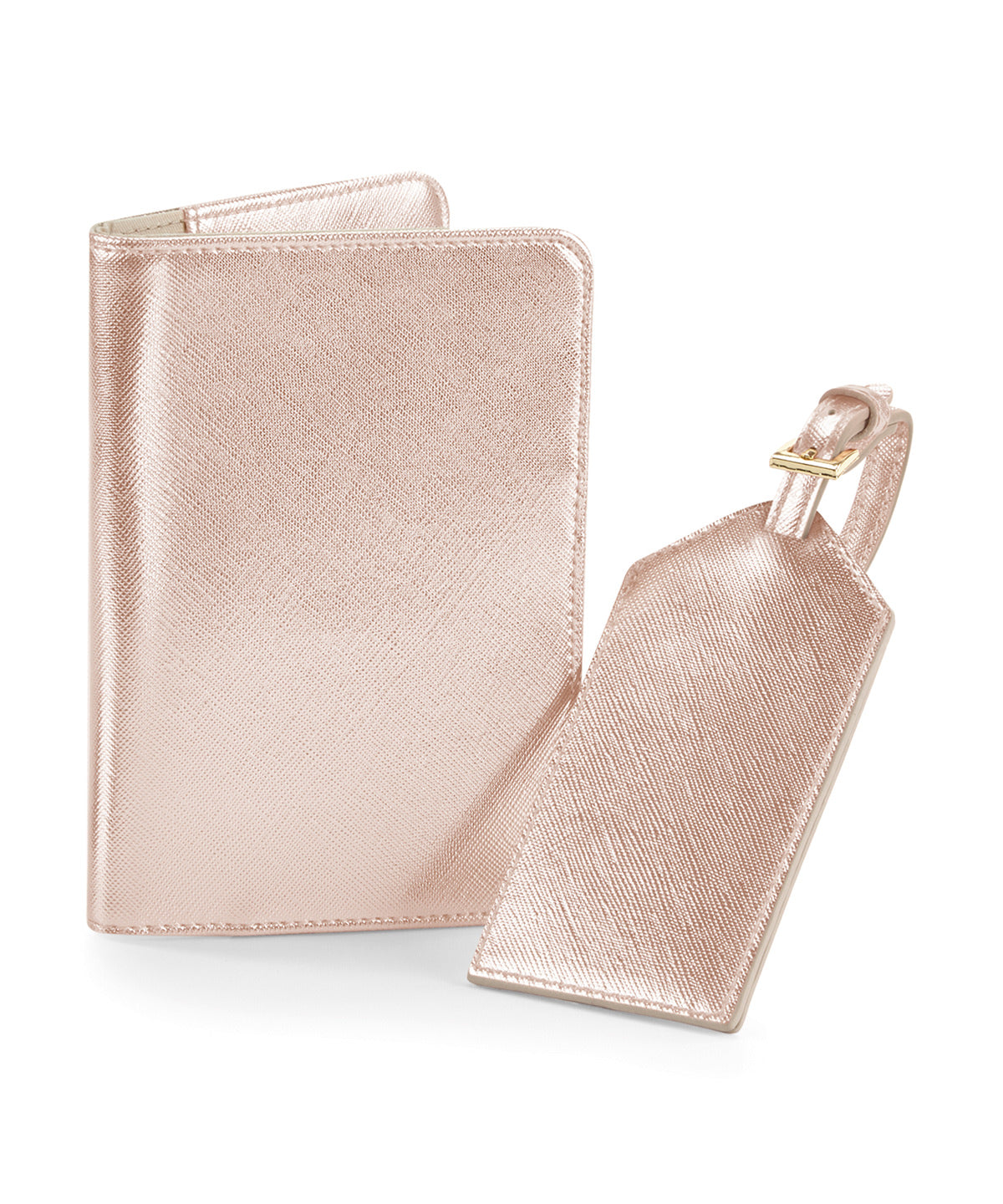 Personalised passport cover and luggage tag gift set styled as a travel accessory