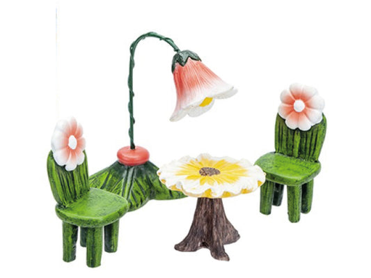 Secret fairy dining set with tree bark table, chairs and tulip lamp for fairy gardens