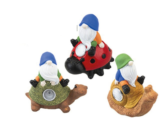 Gonk on animals garden ornament with solar LED light in tortoise ladybird and snail designs